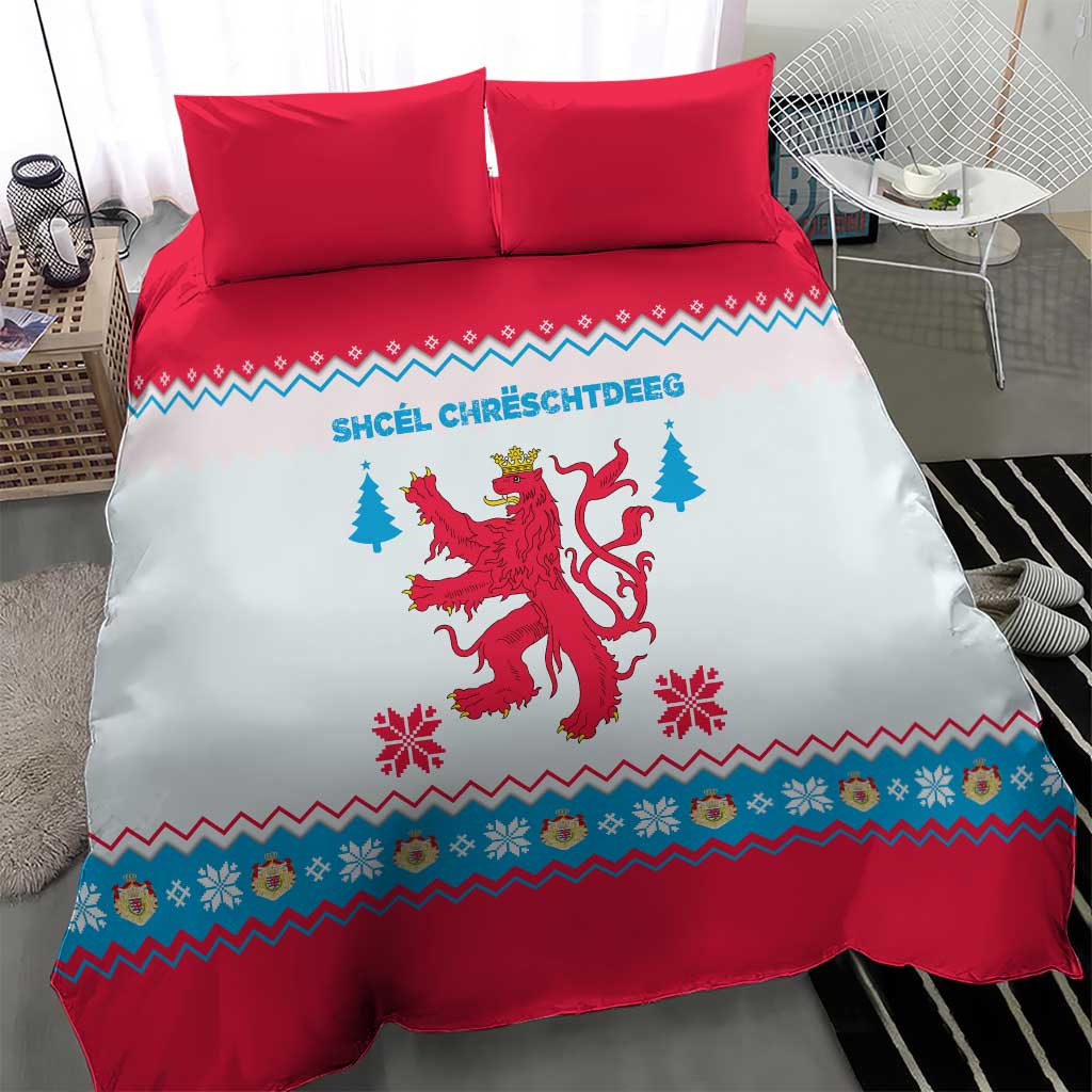 Luxembourg Christmas Bedding Set with Red Lion Crest and Snowflake Pattern