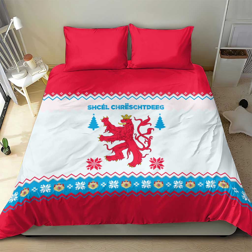 Luxembourg Christmas Bedding Set with Red Lion Crest and Snowflake Pattern
