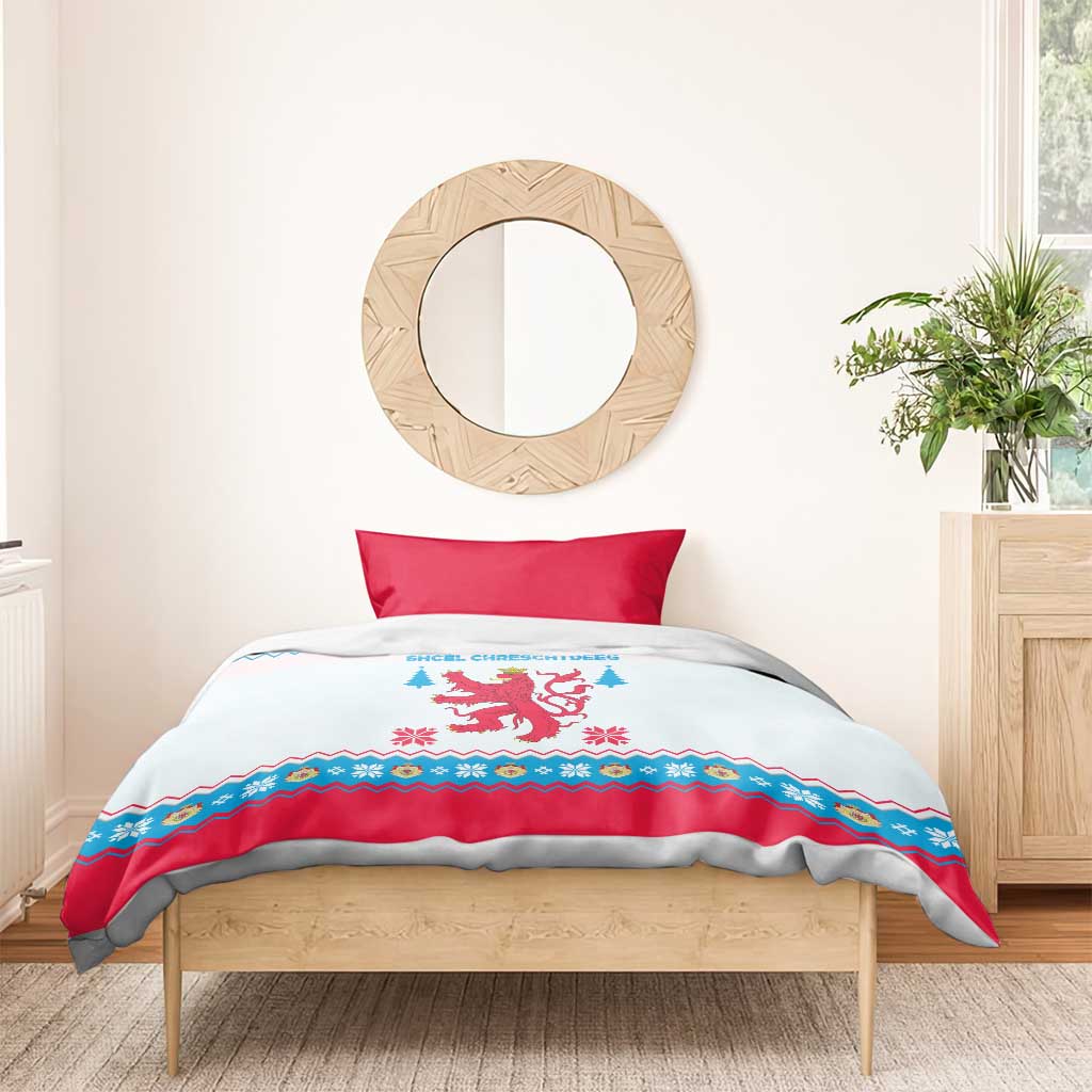 Luxembourg Christmas Bedding Set with Red Lion Crest and Snowflake Pattern