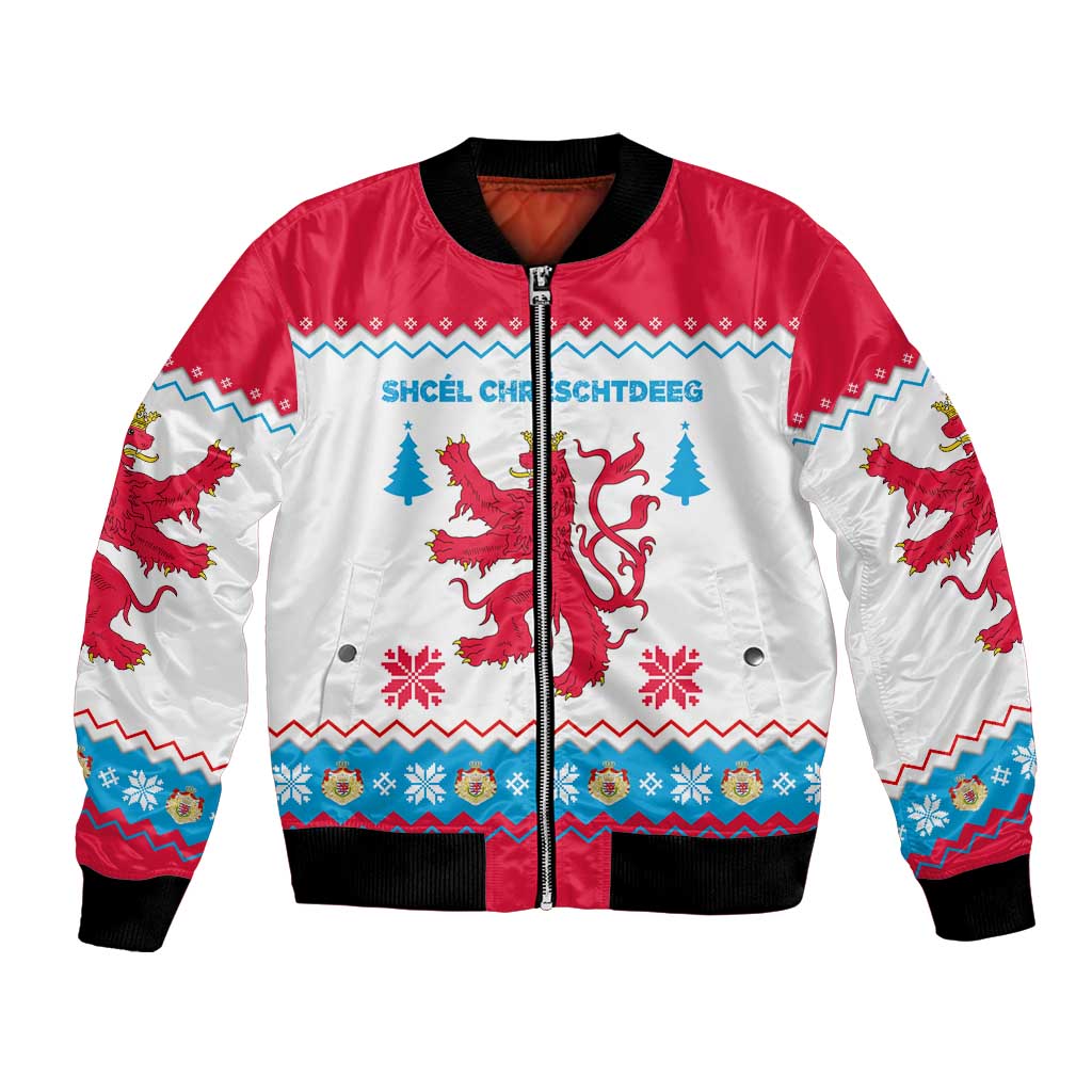Luxembourg Christmas Bomber Jacket with Red Lion Crest and Snowflake Pattern