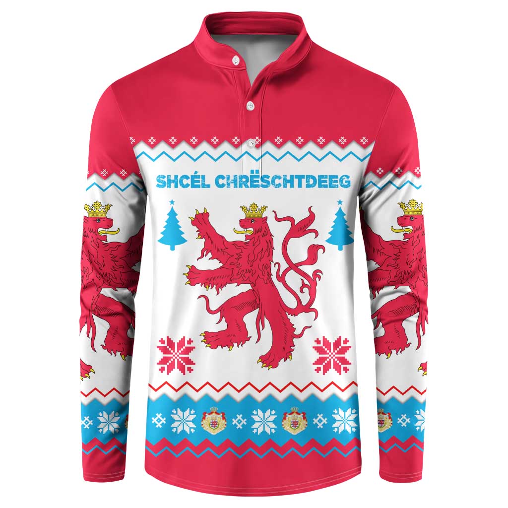 Luxembourg Christmas Button Sweatshirt with Red Lion Crest and Snowflake Pattern