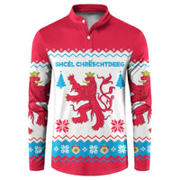 Luxembourg Christmas Button Sweatshirt with Red Lion Crest and Snowflake Pattern