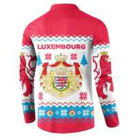 Luxembourg Christmas Button Sweatshirt with Red Lion Crest and Snowflake Pattern