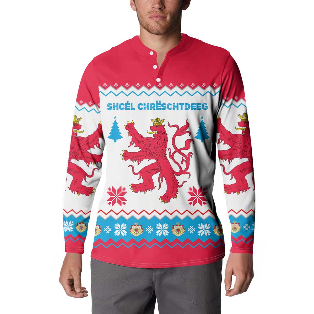 Luxembourg Christmas Button Sweatshirt with Red Lion Crest and Snowflake Pattern