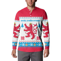 Luxembourg Christmas Button Sweatshirt with Red Lion Crest and Snowflake Pattern