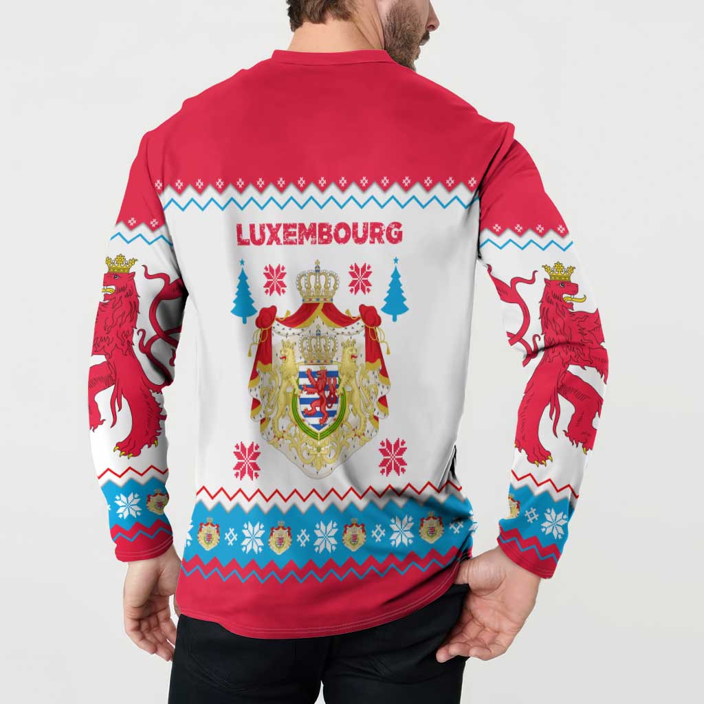 Luxembourg Christmas Button Sweatshirt with Red Lion Crest and Snowflake Pattern