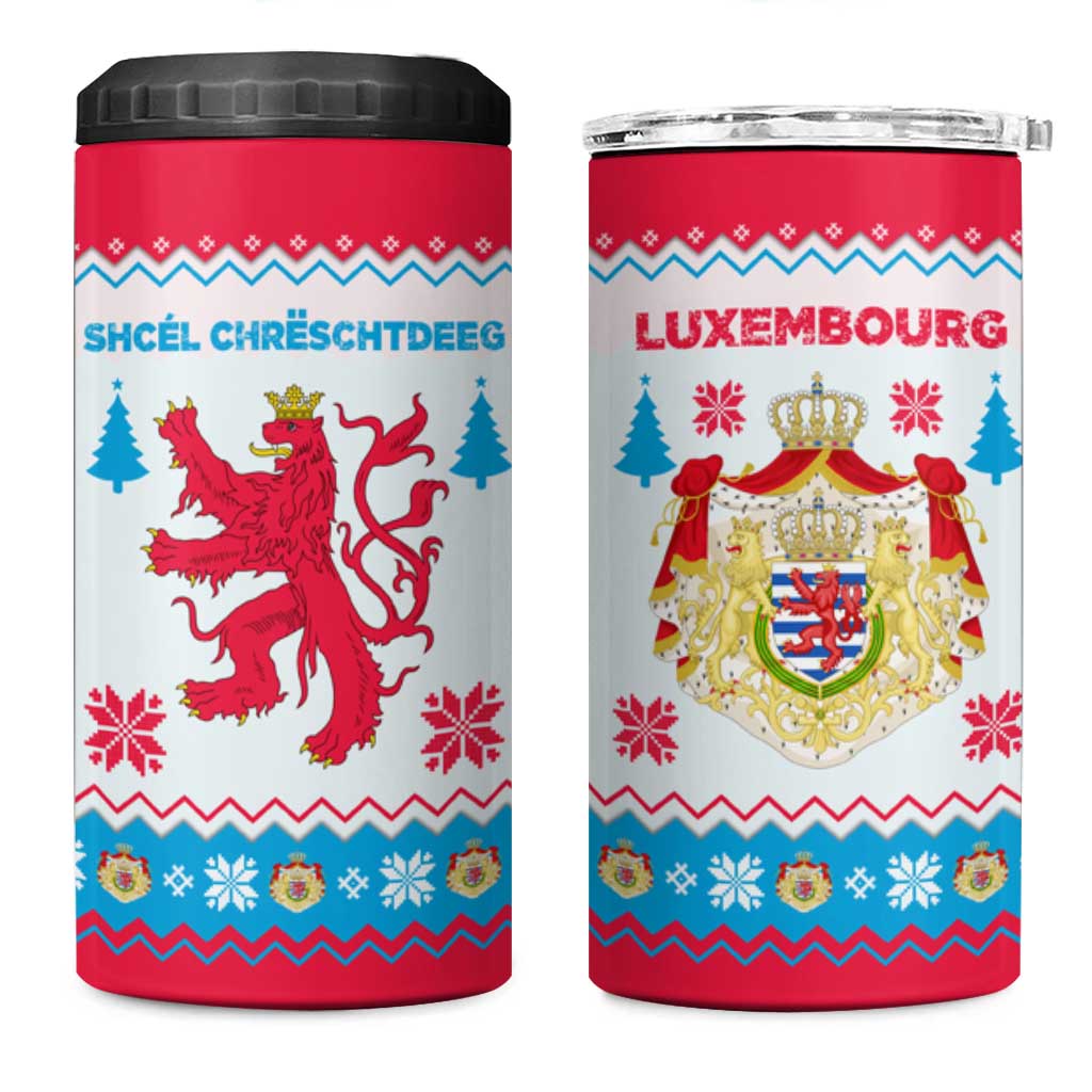 Luxembourg Christmas 4 in 1 Can Cooler Tumbler with Red Lion Crest and Snowflake Pattern