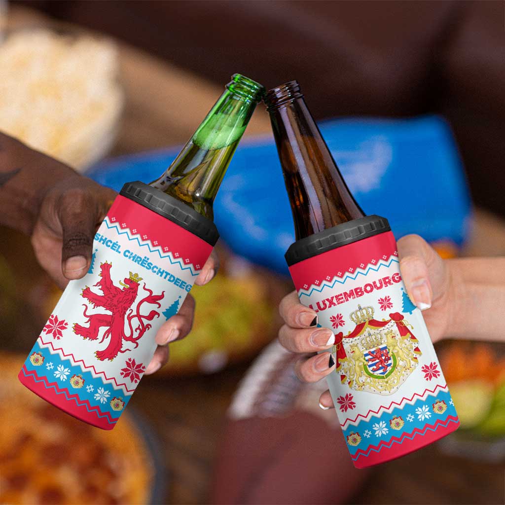 Luxembourg Christmas 4 in 1 Can Cooler Tumbler with Red Lion Crest and Snowflake Pattern