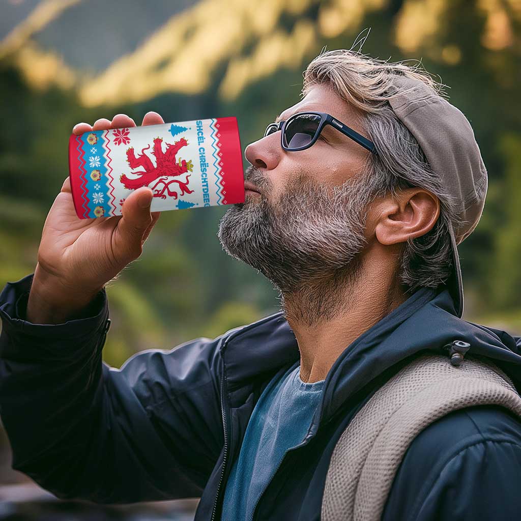Luxembourg Christmas 4 in 1 Can Cooler Tumbler with Red Lion Crest and Snowflake Pattern