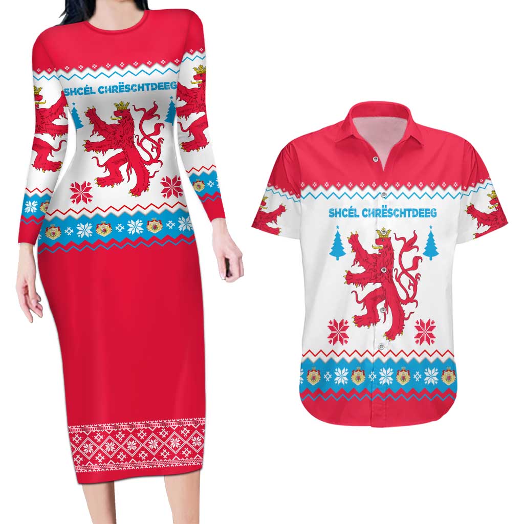 Luxembourg Christmas Couples Matching Long Sleeve Bodycon Dress and Hawaiian Shirt with Red Lion Crest and Snowflake Pattern