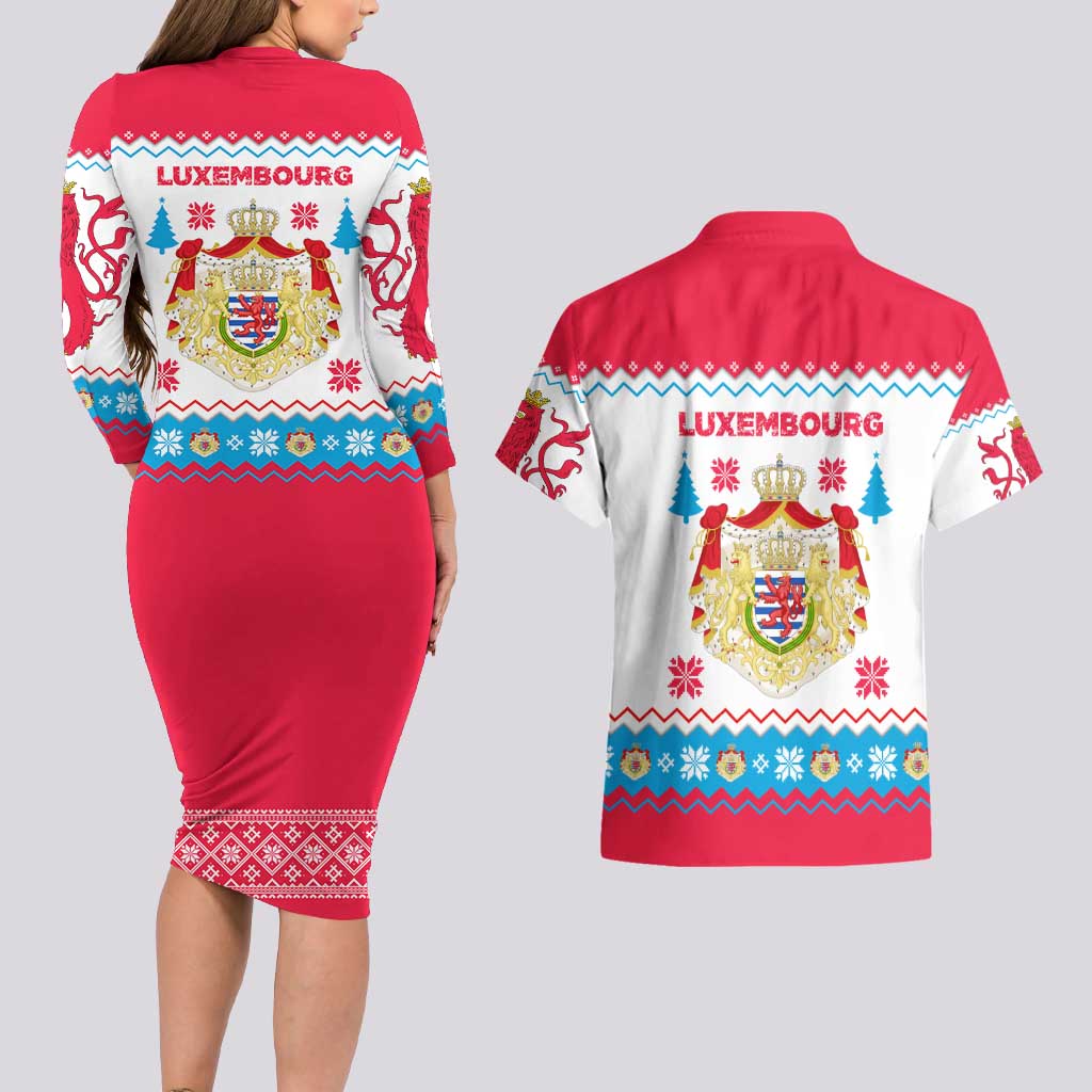 Luxembourg Christmas Couples Matching Long Sleeve Bodycon Dress and Hawaiian Shirt with Red Lion Crest and Snowflake Pattern