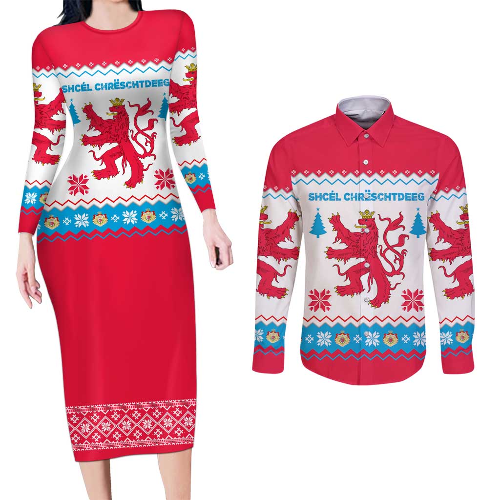 Luxembourg Christmas Couples Matching Long Sleeve Bodycon Dress and Long Sleeve Button Shirt with Red Lion Crest and Snowflake Pattern