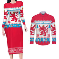 Luxembourg Christmas Couples Matching Long Sleeve Bodycon Dress and Long Sleeve Button Shirt with Red Lion Crest and Snowflake Pattern