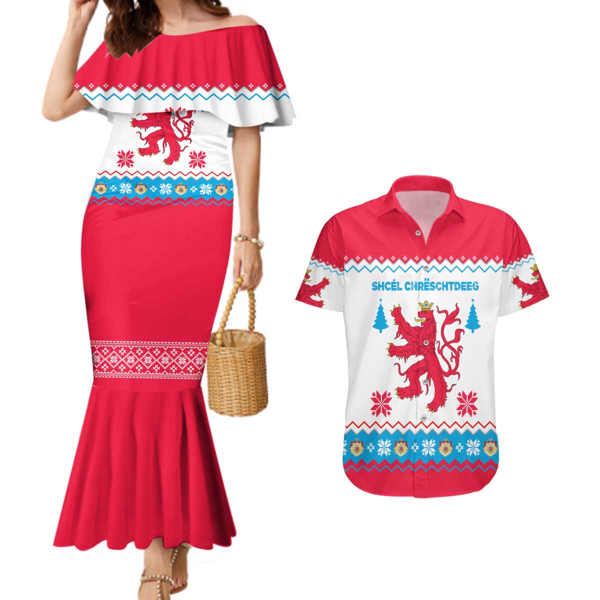 Luxembourg Christmas Couples Matching Mermaid Dress and Hawaiian Shirt with Red Lion Crest and Snowflake Pattern