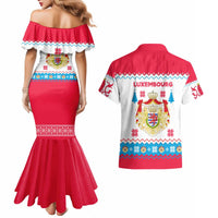 Luxembourg Christmas Couples Matching Mermaid Dress and Hawaiian Shirt with Red Lion Crest and Snowflake Pattern