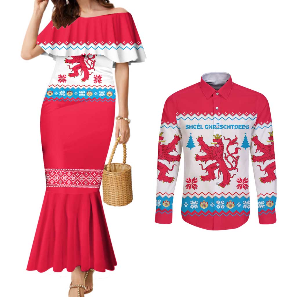 Luxembourg Christmas Couples Matching Mermaid Dress and Long Sleeve Button Shirt with Red Lion Crest and Snowflake Pattern