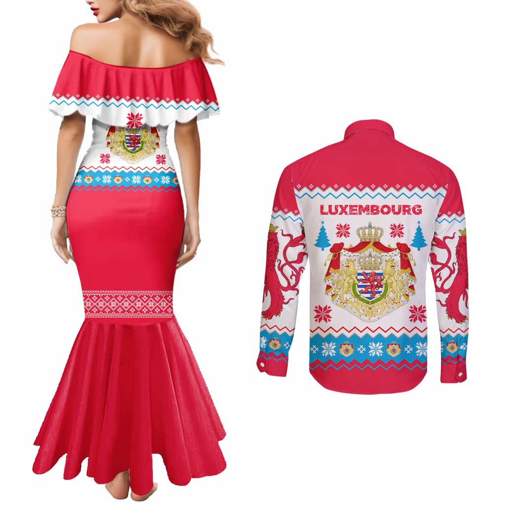 Luxembourg Christmas Couples Matching Mermaid Dress and Long Sleeve Button Shirt with Red Lion Crest and Snowflake Pattern
