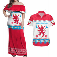 Luxembourg Christmas Couples Matching Off Shoulder Maxi Dress and Hawaiian Shirt with Red Lion Crest and Snowflake Pattern