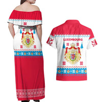 Luxembourg Christmas Couples Matching Off Shoulder Maxi Dress and Hawaiian Shirt with Red Lion Crest and Snowflake Pattern