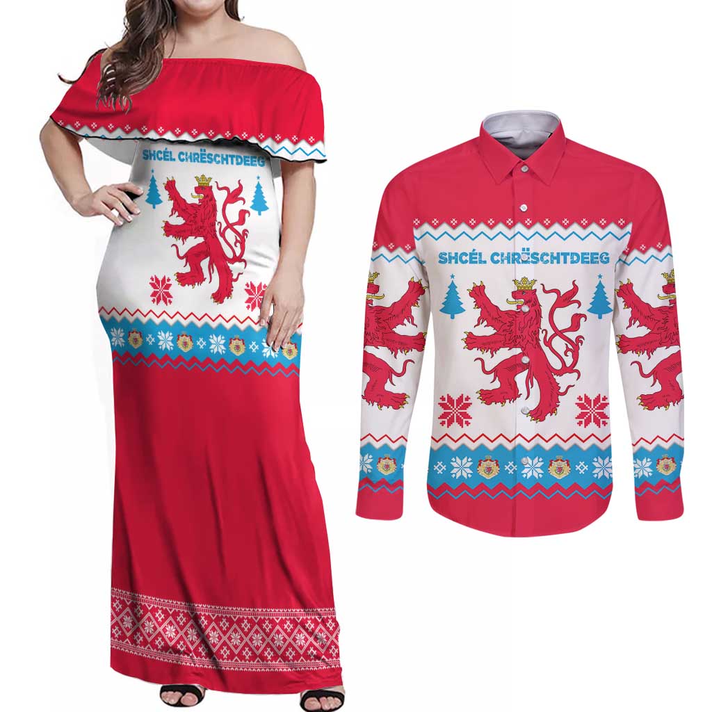 Luxembourg Christmas Couples Matching Off Shoulder Maxi Dress and Long Sleeve Button Shirt with Red Lion Crest and Snowflake Pattern