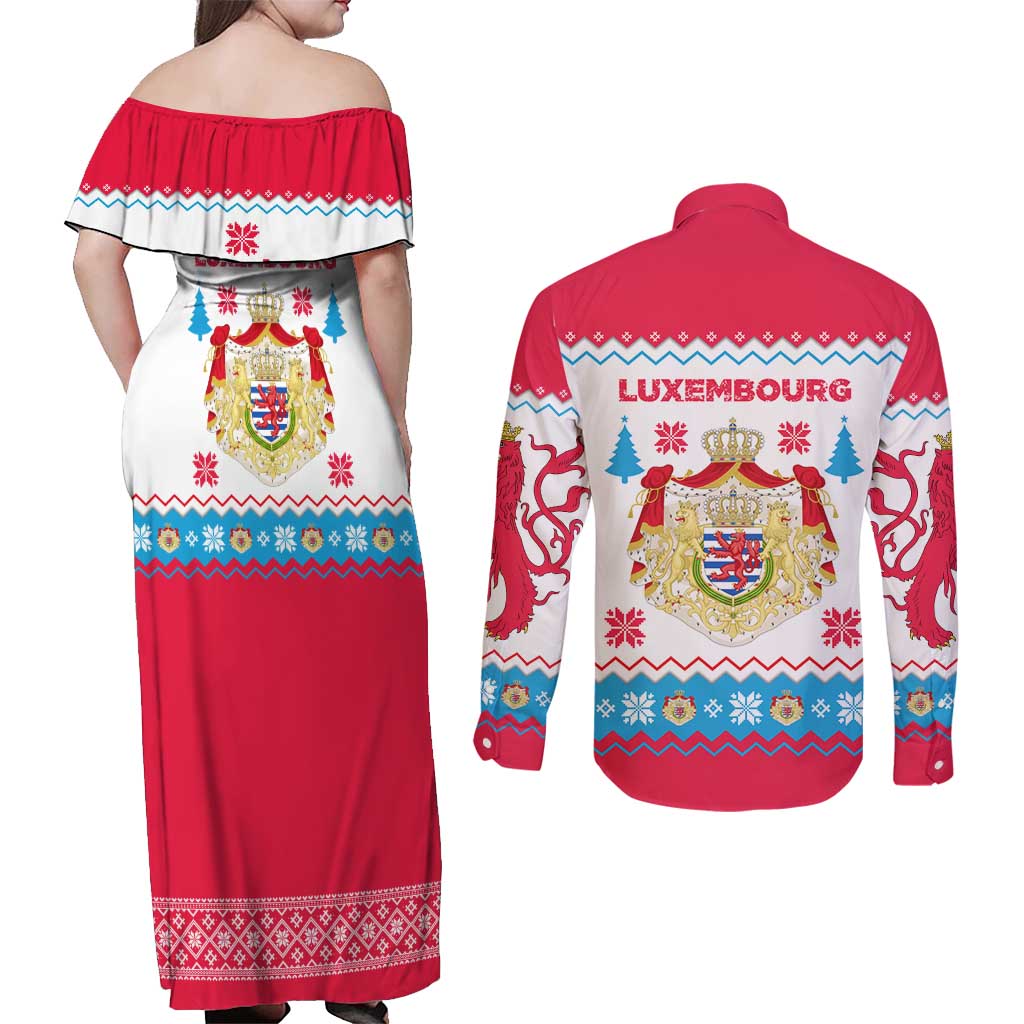Luxembourg Christmas Couples Matching Off Shoulder Maxi Dress and Long Sleeve Button Shirt with Red Lion Crest and Snowflake Pattern