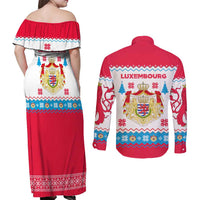 Luxembourg Christmas Couples Matching Off Shoulder Maxi Dress and Long Sleeve Button Shirt with Red Lion Crest and Snowflake Pattern