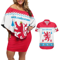 Luxembourg Christmas Couples Matching Off Shoulder Short Dress and Hawaiian Shirt with Red Lion Crest and Snowflake Pattern