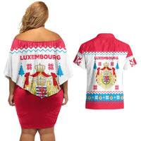 Luxembourg Christmas Couples Matching Off Shoulder Short Dress and Hawaiian Shirt with Red Lion Crest and Snowflake Pattern