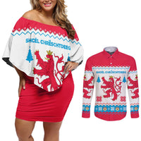 Luxembourg Christmas Couples Matching Off Shoulder Short Dress and Long Sleeve Button Shirt with Red Lion Crest and Snowflake Pattern