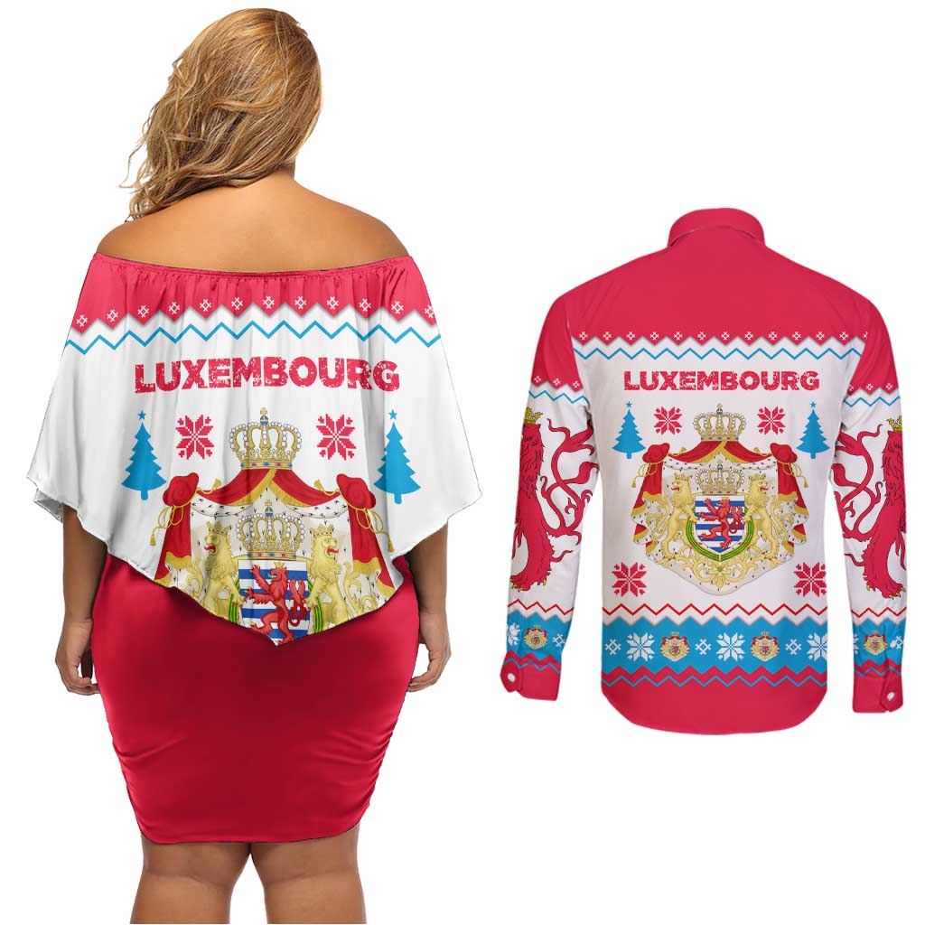 Luxembourg Christmas Couples Matching Off Shoulder Short Dress and Long Sleeve Button Shirt with Red Lion Crest and Snowflake Pattern