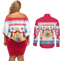 Luxembourg Christmas Couples Matching Off Shoulder Short Dress and Long Sleeve Button Shirt with Red Lion Crest and Snowflake Pattern
