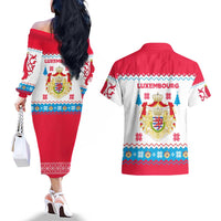 Luxembourg Christmas Couples Matching Off The Shoulder Long Sleeve Dress and Hawaiian Shirt with Red Lion Crest and Snowflake Pattern