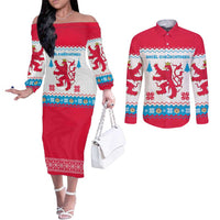 Luxembourg Christmas Couples Matching Off The Shoulder Long Sleeve Dress and Long Sleeve Button Shirt with Red Lion Crest and Snowflake Pattern
