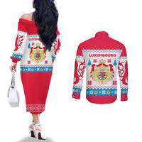 Luxembourg Christmas Couples Matching Off The Shoulder Long Sleeve Dress and Long Sleeve Button Shirt with Red Lion Crest and Snowflake Pattern