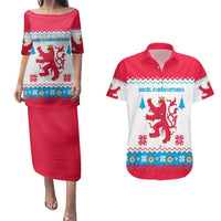 Luxembourg Christmas Couples Matching Puletasi and Hawaiian Shirt with Red Lion Crest and Snowflake Pattern
