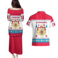 Luxembourg Christmas Couples Matching Puletasi and Hawaiian Shirt with Red Lion Crest and Snowflake Pattern