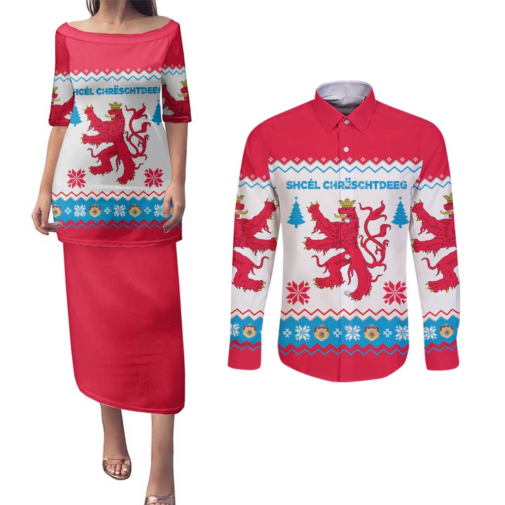Luxembourg Christmas Couples Matching Puletasi and Long Sleeve Button Shirt with Red Lion Crest and Snowflake Pattern