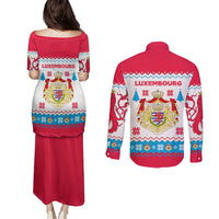 Luxembourg Christmas Couples Matching Puletasi and Long Sleeve Button Shirt with Red Lion Crest and Snowflake Pattern