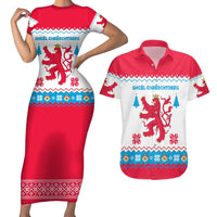 Luxembourg Christmas Couples Matching Short Sleeve Bodycon Dress and Hawaiian Shirt with Red Lion Crest and Snowflake Pattern
