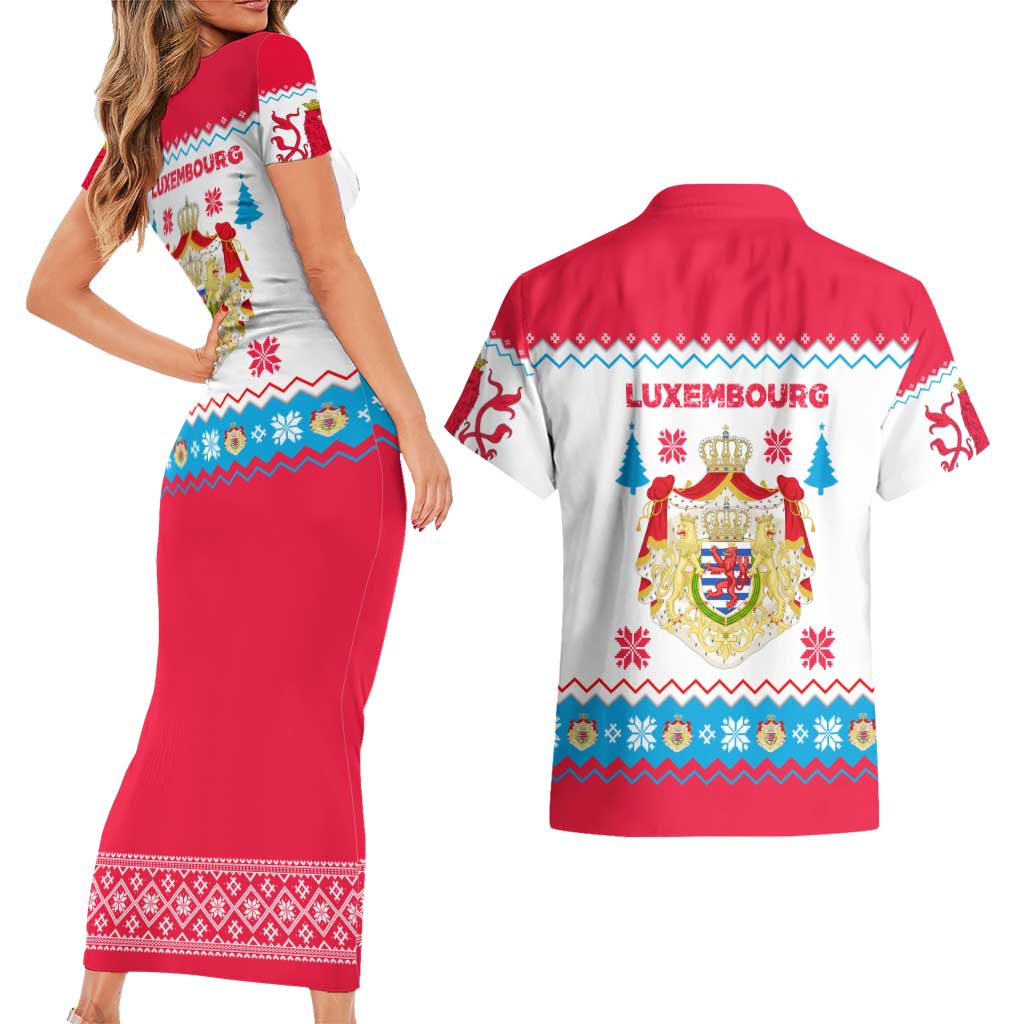 Luxembourg Christmas Couples Matching Short Sleeve Bodycon Dress and Hawaiian Shirt with Red Lion Crest and Snowflake Pattern