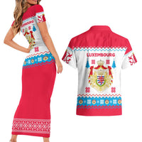 Luxembourg Christmas Couples Matching Short Sleeve Bodycon Dress and Hawaiian Shirt with Red Lion Crest and Snowflake Pattern