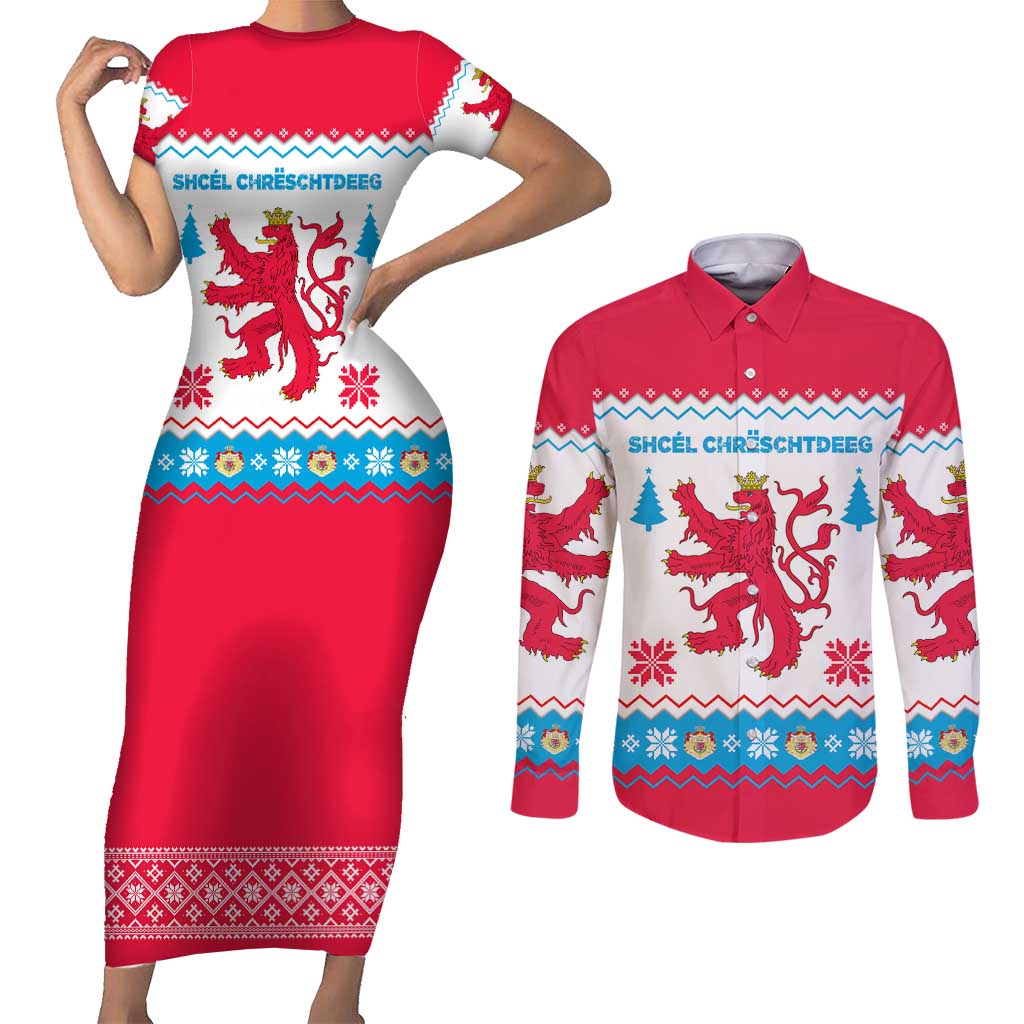 Luxembourg Christmas Couples Matching Short Sleeve Bodycon Dress and Long Sleeve Button Shirt with Red Lion Crest and Snowflake Pattern