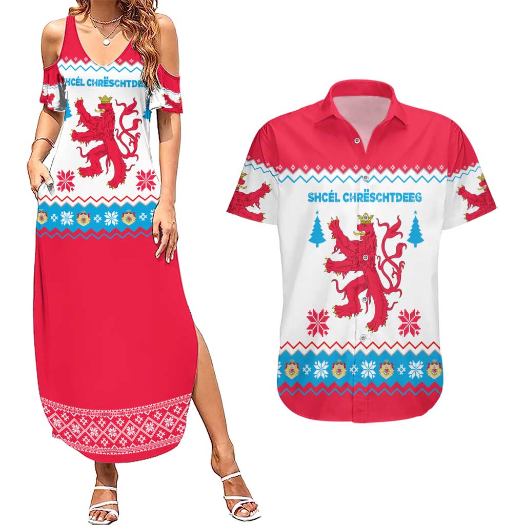 Luxembourg Christmas Couples Matching Summer Maxi Dress and Hawaiian Shirt with Red Lion Crest and Snowflake Pattern