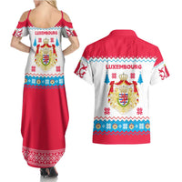 Luxembourg Christmas Couples Matching Summer Maxi Dress and Hawaiian Shirt with Red Lion Crest and Snowflake Pattern