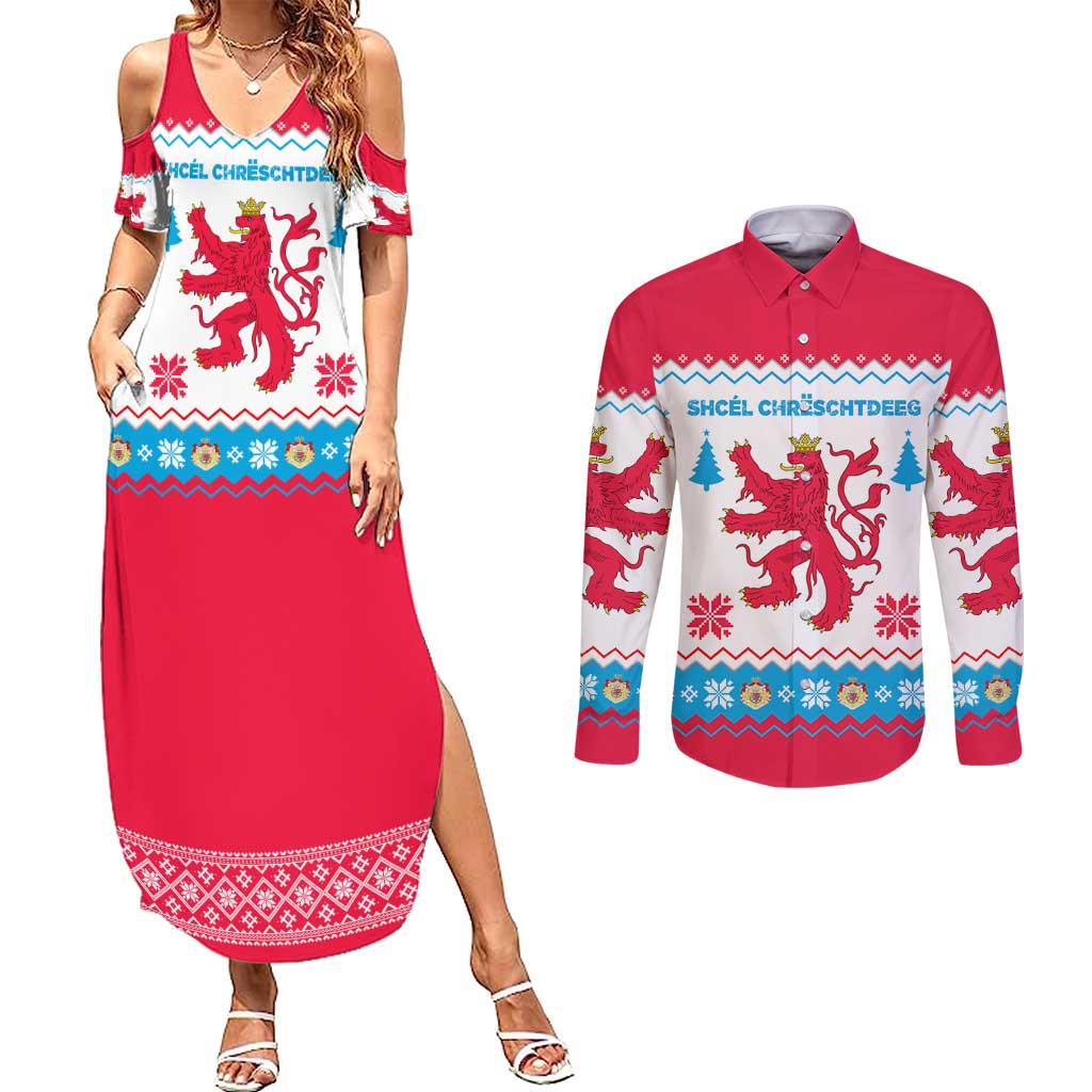 Luxembourg Christmas Couples Matching Summer Maxi Dress and Long Sleeve Button Shirt with Red Lion Crest and Snowflake Pattern
