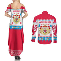 Luxembourg Christmas Couples Matching Summer Maxi Dress and Long Sleeve Button Shirt with Red Lion Crest and Snowflake Pattern