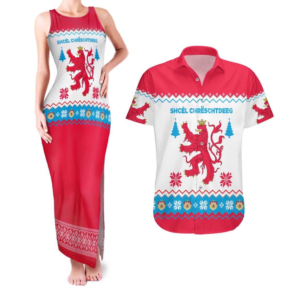 Luxembourg Christmas Couples Matching Tank Maxi Dress and Hawaiian Shirt with Red Lion Crest and Snowflake Pattern