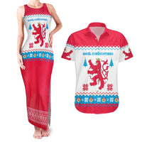 Luxembourg Christmas Couples Matching Tank Maxi Dress and Hawaiian Shirt with Red Lion Crest and Snowflake Pattern