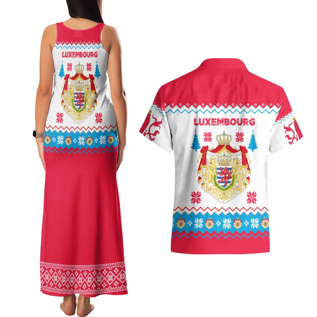 Luxembourg Christmas Couples Matching Tank Maxi Dress and Hawaiian Shirt with Red Lion Crest and Snowflake Pattern
