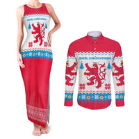 Luxembourg Christmas Couples Matching Tank Maxi Dress and Long Sleeve Button Shirt with Red Lion Crest and Snowflake Pattern